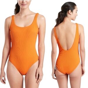 Athleta Cloudbreak Rib Scoop Monarch Orange Ribbed One Piece Swimsuit EUC XLT